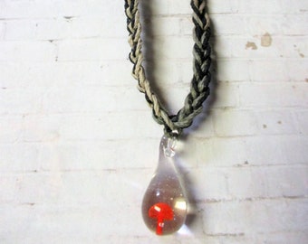 Mushroom Red Lampwork Hemp Necklace - Glass Pendant Multicolor Brown and Black Cord