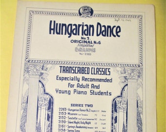 Hungarian Dance No. 2. Original No. 6 Simplified Brahms No. 2263 -  1924 Antique Sheet Music