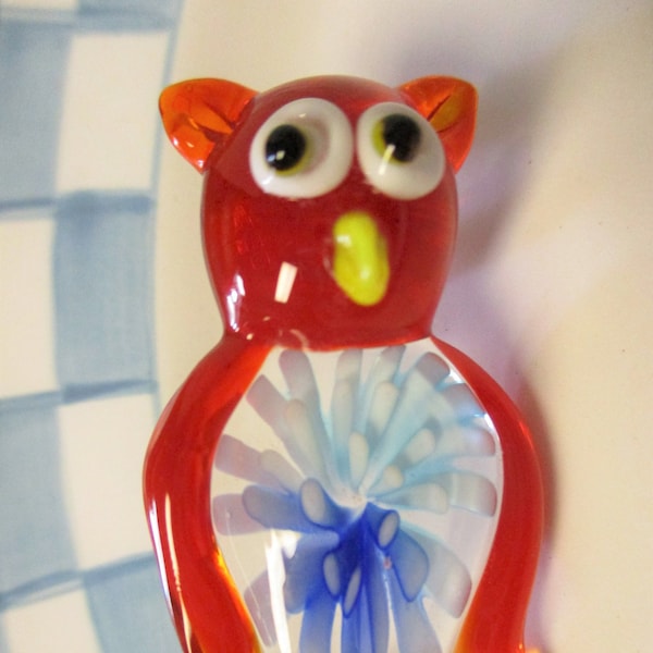 Owl Jumbo Glass Lampwork Pendant - Red with Blue Inner Flower - 23x39mm