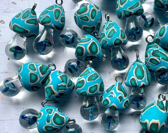 25 Mushroom Pendants - Turquoise Blue Hues-  Clay Top with Blown Glass Stem