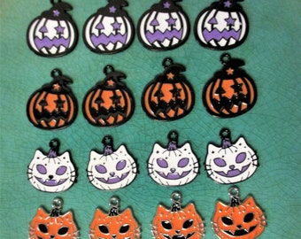 20 Halloween Pendants - Enamel and Metal Mixed Kitty and Pumpkin Charms 20mm