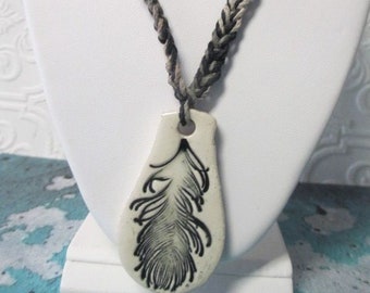 PEACOCK FEATHER Ceramic Pendant Hemp Necklace  Black Multicolored Earthtones