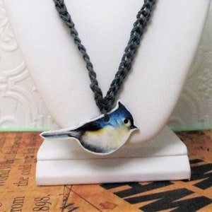 BLUE FINCH BIRD Gray Handmade Hemp Necklace Illustrated Plastic image 1