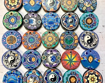 50 FIMO DISC PENDANTS  - Assorted Designs, Clay Charms, Hippie 25mm
