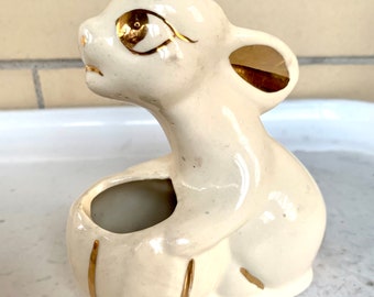 Vintage Glass Small Bunny Planter  - Ivory with Metallic Gold