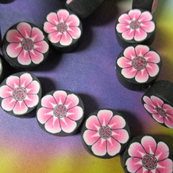 20 FLOWER Fimo Disc Beads  - 11mm Pink, White, Black