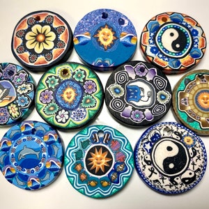 10 FIMO DISC PENDANTS  - Assorted Designs, Clay Charms, Hippie 25mm