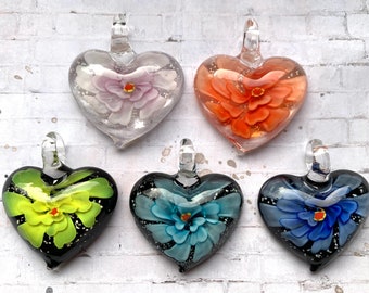 5 HEART Pendants lot of Jumbo Glass Lampwork with inner Flower