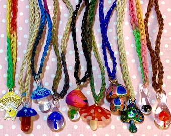 10 MUSHROOM HEMP NECKLACES Wholesale Handmade - Custom Handmade lot of Assorted Colors, Pendants, Resale Festivals, Headshops, Boutiques