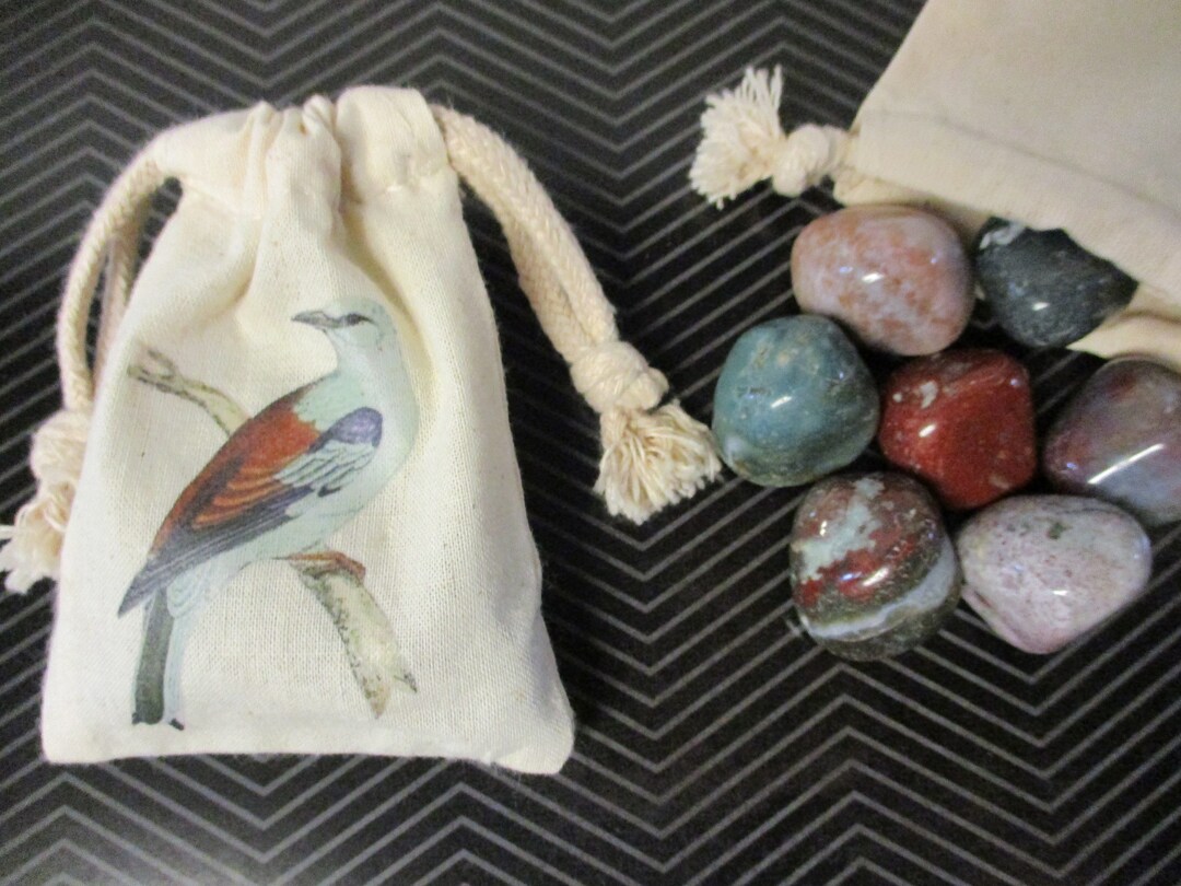 Mini Rock Collection MINI ROCK COLLECTION Songbird Bird Printed Bag With Tumbled Jasper ...