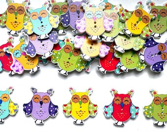 25 Owl Wooden Printed Buttons