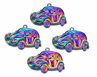 4 Beetle Bug Car Pendants - Metal Charms Psychedelic Rainbow Finish 27x39mm