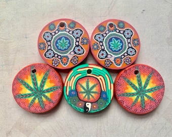 5 FIMO DISC PENDANTS  - Marijuana Leaf Assorted Designs, Clay Charms, Hippie 25mm