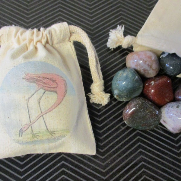 MINI ROCK COLLECTION - Pink Flamingo Printed Bag with Tumbled Jasper Stones