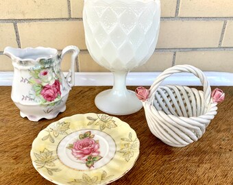 Mish Mash of Vintage Glass Items - Instant Collection - White with Pink Roses