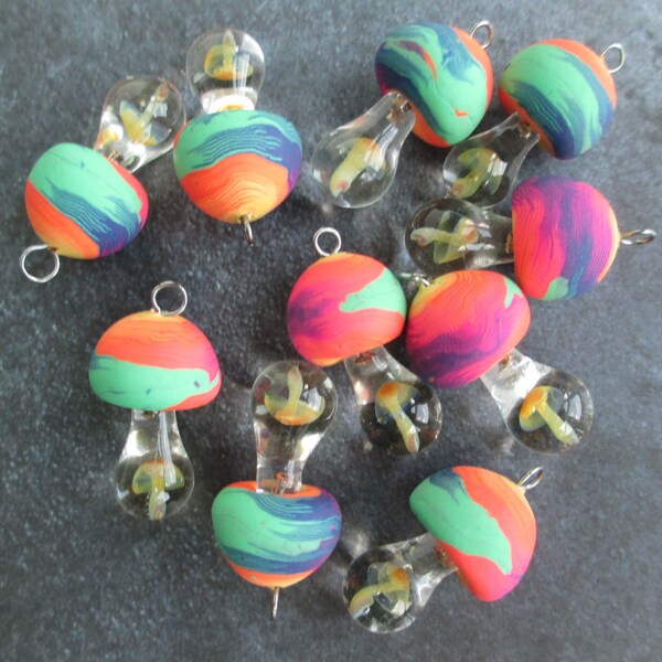 lot of 25 MUSHROOM Pendants Rainbow Swirl FIMO CAP with Yellow Blown Glass Stem Shroom