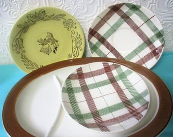 Salvage (some chips)  - Mismatched Dishes Instant Collection - 4 Vintage Plates  - Dura-Print Plaid, Bocks County Ohio Decorative Dancers