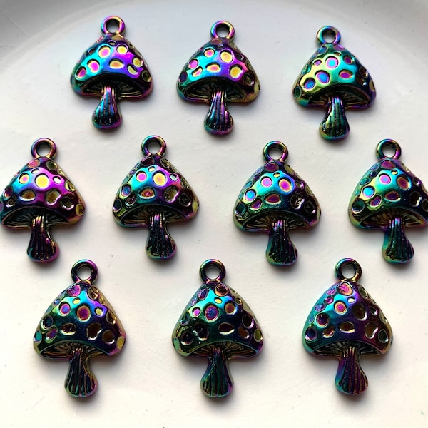 10 MUSHROOM PENDANTS - Metal Charms Psychedelic Rainbow Finish 25.5x17.5mm