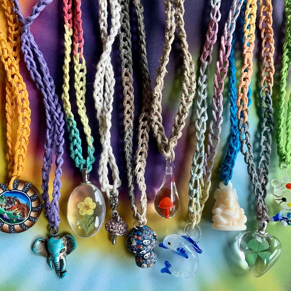 10 WHOLESALE HEMP NECKLACES Handmade Assorted Colors Pendants Charms - Resale, Festivals, Headshops, Boutiques, Hippie, Boho, Raver, Kandi