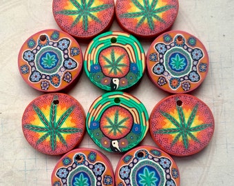 10 FIMO DISC PENDANTS  - Marijuana Leaf Assorted Designs, Clay Charms, Hippie 25mm