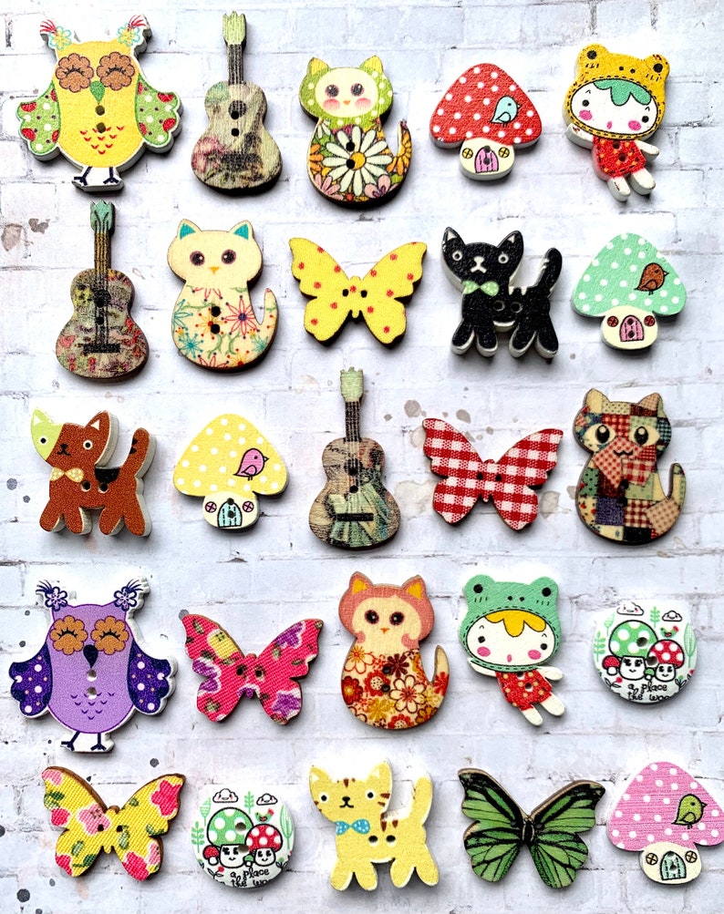Mish Mash Button Lot Assorted Wooden Printed Designs 1 inch 25, 50 or 100 count image 1