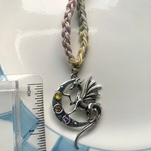 Dragon Hemp Necklace Metal Jumbo Pendant with Rhinestones Multicolor Pastel Colors and Beige image 4