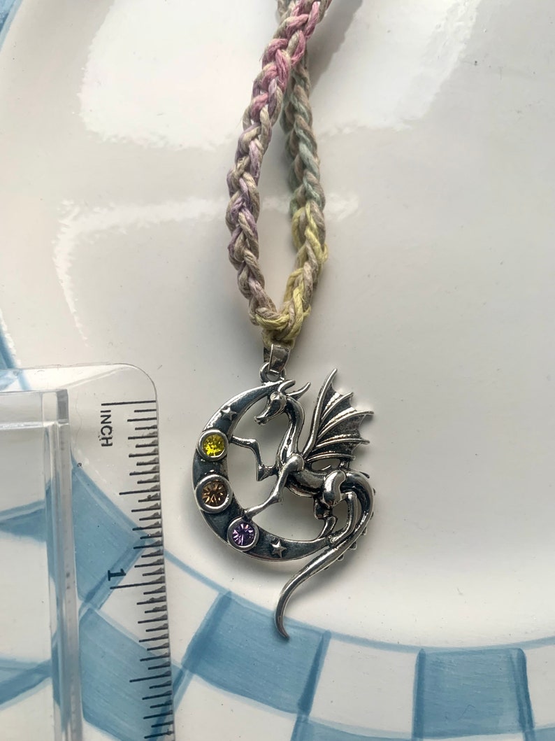 Dragon Hemp Necklace Metal Jumbo Pendant with Rhinestones Multicolor Pastel Colors and Beige image 4