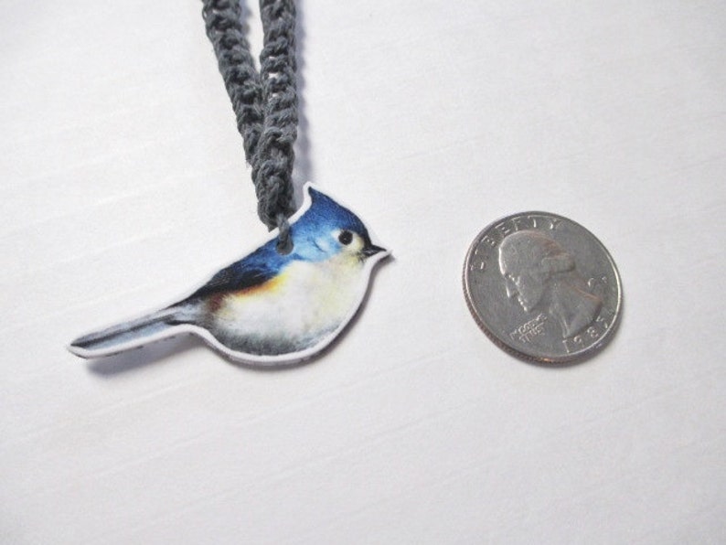 BLUE FINCH BIRD Gray Handmade Hemp Necklace Illustrated Plastic image 3