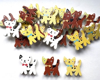 25 Cat Wooden Printed Buttons