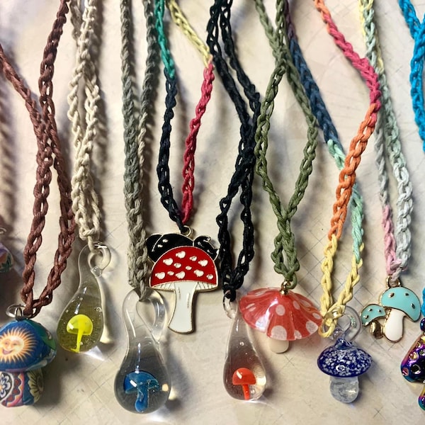 10 MUSHROOM HEMP NECKLACES Wholesale Handmade  - Custom Handmade lot of Assorted Colors, Pendants, Resale Festivals, Headshops, Boutiques