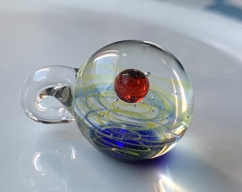 Galaxy Lampwork Pendant - 24mm Red Planet Blue Green Swirl Starry Background Hole around 2mm