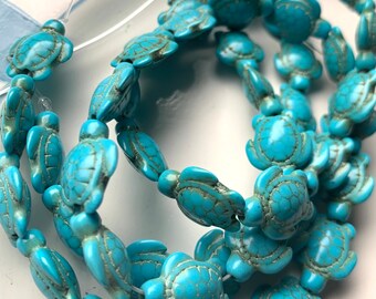 Grade B Distressed - 46 Beads TURTLE BLUE TURQUOISE Thick Howlite Magnesite Carved Tortoise - 15mm X 17mm