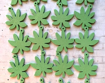 20 Green Wooden Pendants Painted Green Marijuana Leaf