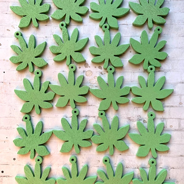 20 Green Wooden Pendants Painted Green Marijuana Leaf