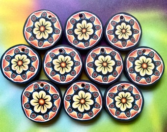 10 FIMO DISC PENDANTS  - Flower Design, Clay Charms, Hippie 25mm