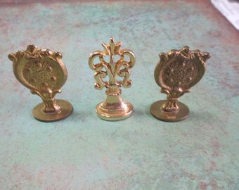 Letter Sealer Stamps, Vintage Ornate Brass Wax Seal Stamps lot of 3 - Unusual "Swak" and Bull Illustration