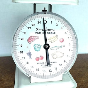 May include: A white metal kitchen scale with a round dial featuring the text American FAMILY SCALE and WEIGHS 24 POUNDS BY OUNCES NOT LEGAL FOR TRADE. The dial displays illustrations of various food items including meat, fruit, and vegetables.