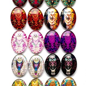 20 Owl Cabochons - Glass Oval Flatback Assorted Designs - 18x13x4mm