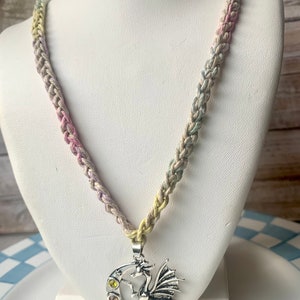 Dragon Hemp Necklace Metal Jumbo Pendant with Rhinestones Multicolor Pastel Colors and Beige image 2