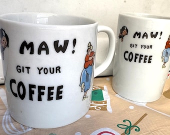 Maw!  Git Your Coffee - Vintage Novelty Glass Mug and Creamer set