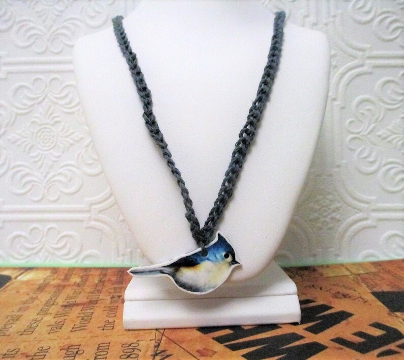 BLUE FINCH BIRD Gray Handmade Hemp Necklace Illustrated Plastic image 1