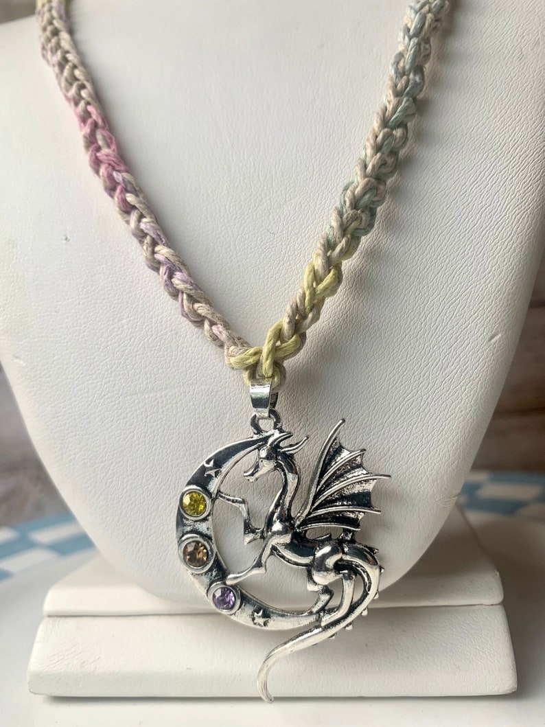 Dragon Hemp Necklace Metal Jumbo Pendant with Rhinestones Multicolor Pastel Colors and Beige image 1