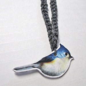 BLUE FINCH BIRD Gray Handmade Hemp Necklace Illustrated Plastic image 2