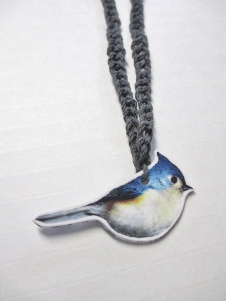 BLUE FINCH BIRD Gray Handmade Hemp Necklace Illustrated Plastic image 2