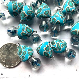 25 Mushroom Pendants Turquoise Blue Hues Clay Top with Blown Glass Stem image 2