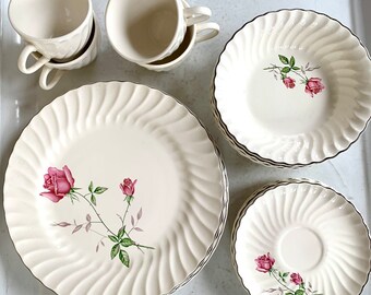 Salvage Distressed - Set of Vintage Pink Rose Dishes 16 Pieces