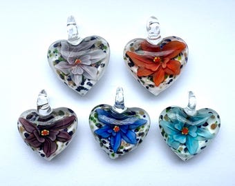 5 Glass Puffy Heart Pendants