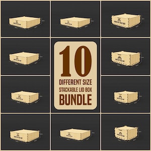 Peut inclure: Un ensemble de dix boîtes à couvercle empilables de différentes tailles, en bois brun clair. Les boîtes sont de forme carrée. Le texte "10 DIFFERENT SIZE STACKABLE LID BOX BUNDLE" est affiché sur un fond marron.