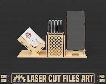 Organizador de escritorio cortado por láser, tarjetero, portalápices y soporte para teléfono (archivos CDR, DXF, PDF y SVG)