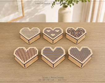 6 Diffrent Decorative Gift Heart Box Laser Cutting Files, Laser Cutting Cdr, Dxf, Pdf, Svg Files
